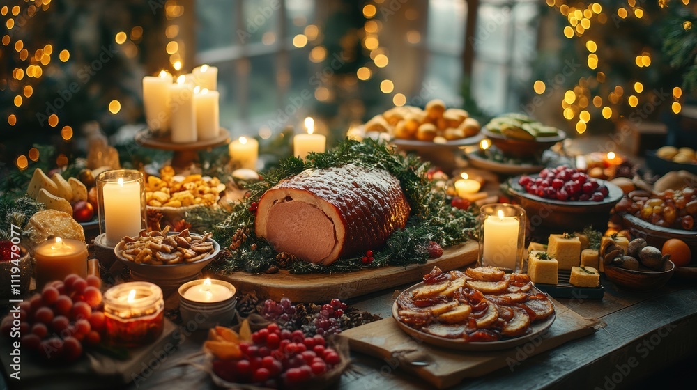 Festive Christmas dinner table with glowing candles, roasted ham centerpiece, holiday treats, cozy ambiance, elegant seasonal decor, warm celebration, sparkling lights, winter feast gathering Festive Christmas dinner table with glowing candles, roasted ham centerpiece, holiday treats, cozy ambiance, elegant seasonal decor, warm celebration, sparkling lights, winter feast gathering