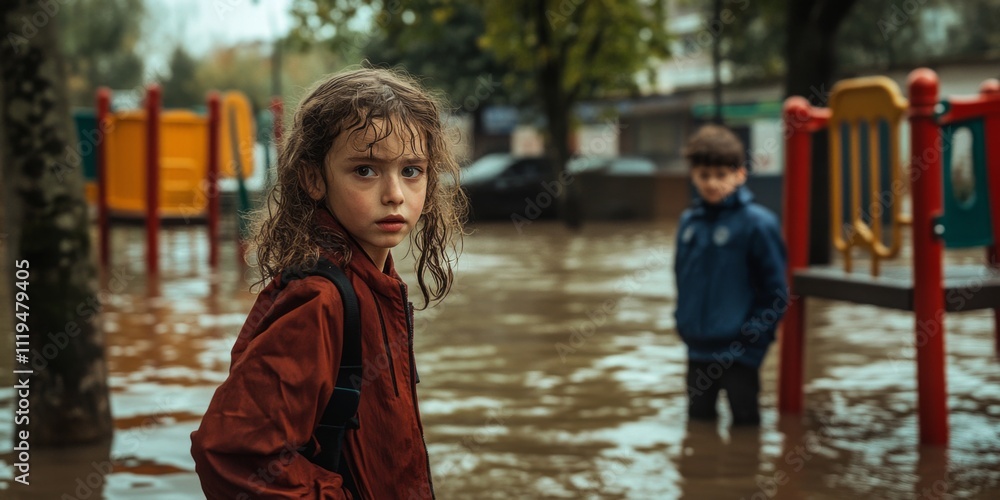 Naklejka premium A vivid scene shows two children in a flooded playground. The girl looks concerned while the boy appears calm. This image captures the impact of nature on urban life. AI