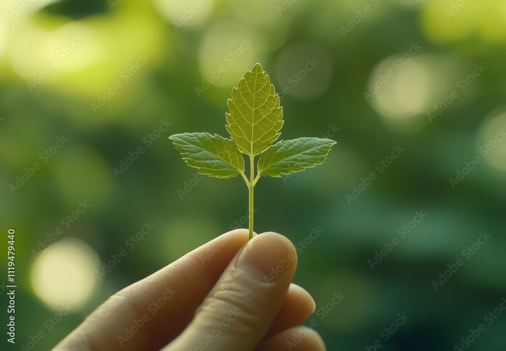 Close-up of a Single Green Mint Leaf Held by a Hand Against a Softly Blurred Green Background, Symbolizing Freshness and Nature's Essence Close-up of a Single Green Mint Leaf Held by a Hand Against a Softly Blurred Green Background, Symbolizing Freshness and Nature's Essence