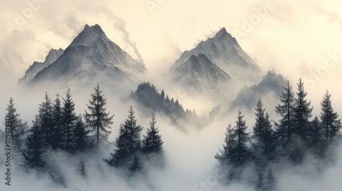 Misty mountain peaks with evergreen forest.