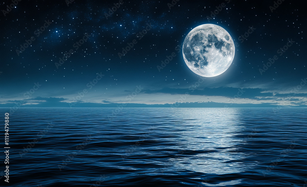 Fototapeta premium A serene seascape featuring a bright full moon reflecting over calm waters.