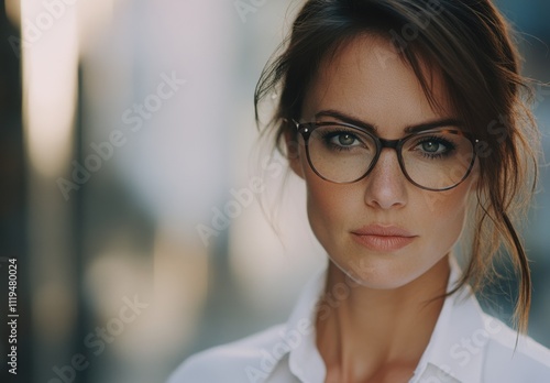 Confident Young Woman with Glasses in Urban Setting, Capturing a Moment of Poised Elegance and Intellectual Charm in Natural Light