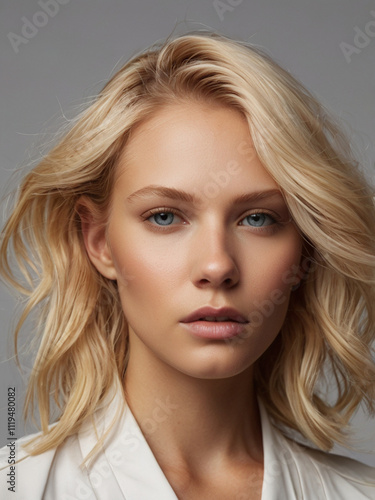 Portrait of young beautiful woman with gorgeous healthy curly blonde hair 