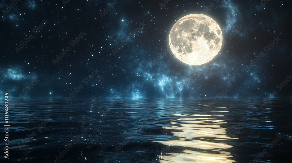 A serene seascape featuring a bright full moon reflecting over calm waters. A serene seascape featuring a bright full moon reflecting over calm waters.