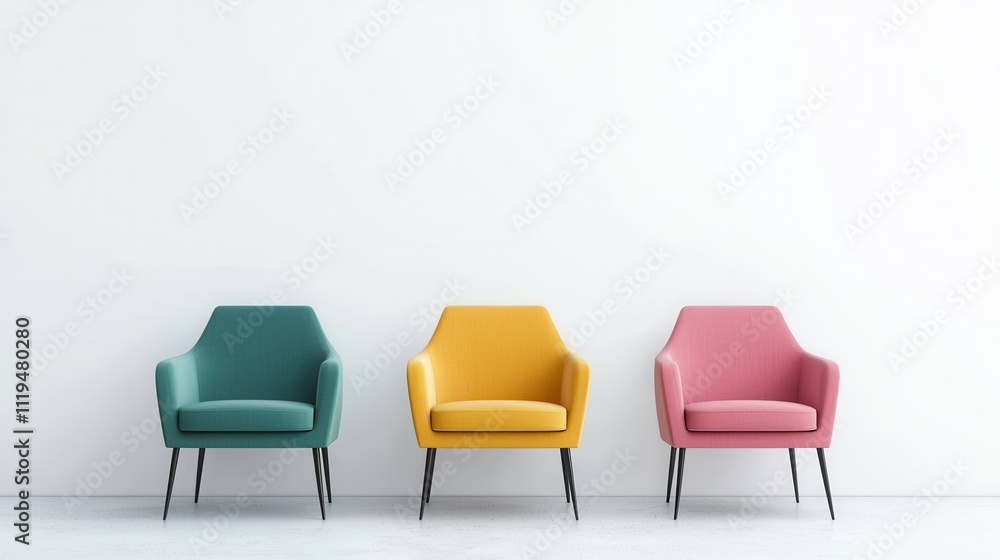 A modern arrangement of three colorful chairs—teal, yellow, and pink—against a minimalistic white wall, creating a vibrant and stylish atmosphere. A modern arrangement of three colorful chairs—teal, yellow, and pink—against a minimalistic white wall, creating a vibrant and stylish atmosphere.
