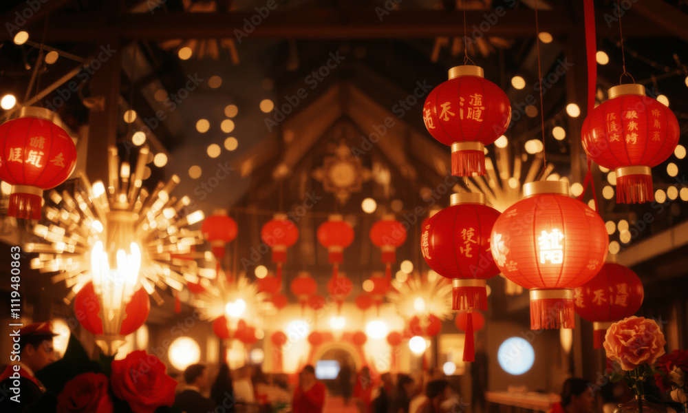 Red lanterns and festive decorations create vibrant atmosphere for Lunar New Year celebrations, with warm lights enhancing joyful ambiance of event Red lanterns and festive decorations create vibrant atmosphere for Lunar New Year celebrations, with warm lights enhancing joyful ambiance of event