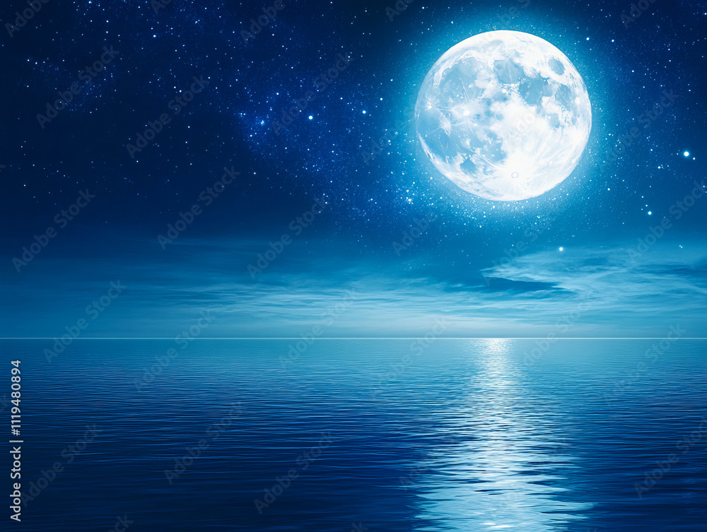 A serene seascape featuring a bright full moon reflecting over calm waters. A serene seascape featuring a bright full moon reflecting over calm waters.