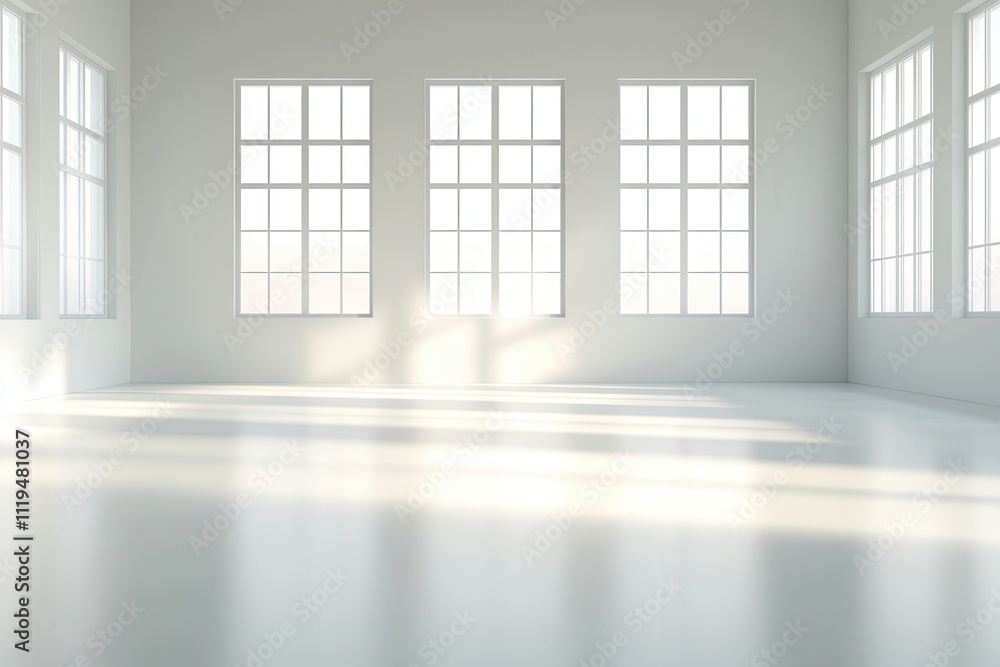 Fototapeta premium A bright, spacious room with large windows allowing natural light to fill the minimalist, white interior.