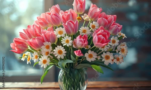 Wallpaper Mural Beautiful bouquet of pink tulips and daisies in a vase Torontodigital.ca