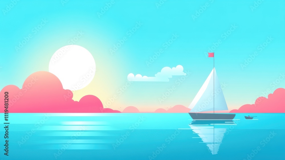 Sailboat at sunset on calm ocean with pink clouds and sun reflection. Sailboat at sunset on calm ocean with pink clouds and sun reflection.