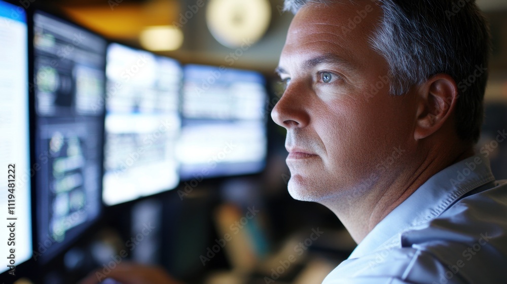 Fototapeta premium Operations center worker managing emergency situation, analyzing complex data, multiple monitors showing crisis status, fast decisions for effective response