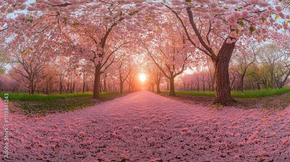 Light Pink Cherry Blossoms in Full Bloom, Ultra-Wide Lens, Spring at Sunrise, Creating Soft Lighting that Enhances The Delicate Pink Petals Against The Green petal rain, masterpiece, highres, 8K Light Pink Cherry Blossoms in Full Bloom, Ultra-Wide Lens, Spring at Sunrise, Creating Soft Lighting that Enhances The Delicate Pink Petals Against The Green petal rain, masterpiece, highres, 8K
