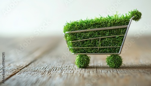 Eco-Friendly Shopping Cart Made of Grass Symbolizing Sustainable Consumerism and Environmental Awareness in Modern Retail Practices photo