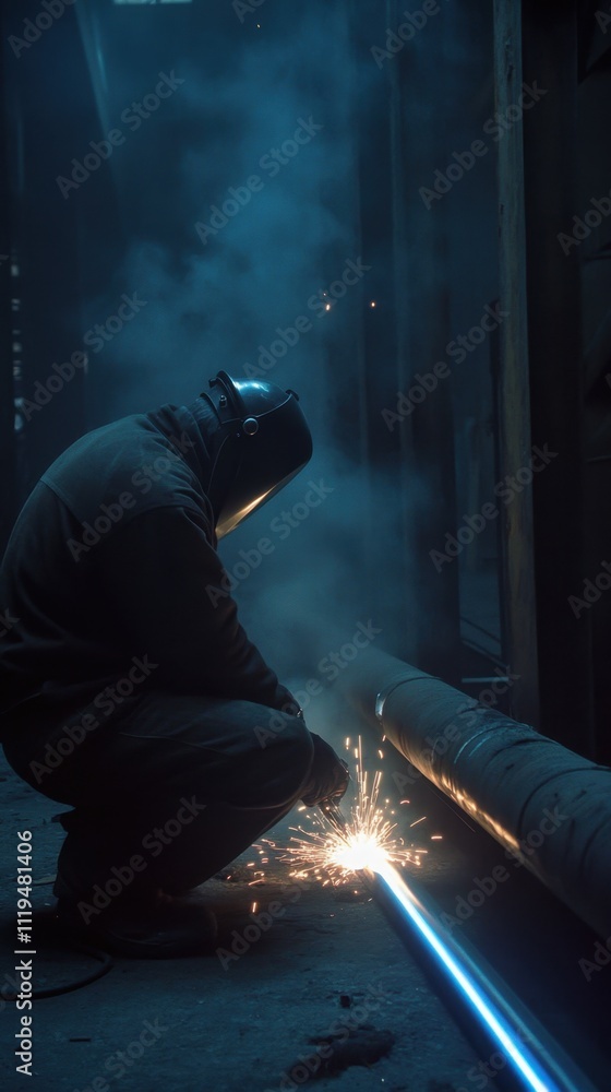 Laser welding technician operating machinery, focusing on precision welding, bright laser beam, glowing seams, sparks, industrial environment with advanced equipment Laser welding technician operating machinery, focusing on precision welding, bright laser beam, glowing seams, sparks, industrial environment with advanced equipment