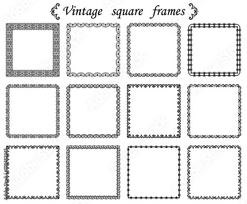 Set of vector square frames with geometric ornaments isolated on background. Elegant vintage blank frames for text, greeting cards, invitations, certificates, web banners, brochures, business cards