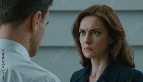 Woman angrily and surprisedly staring at a man during a conversation.