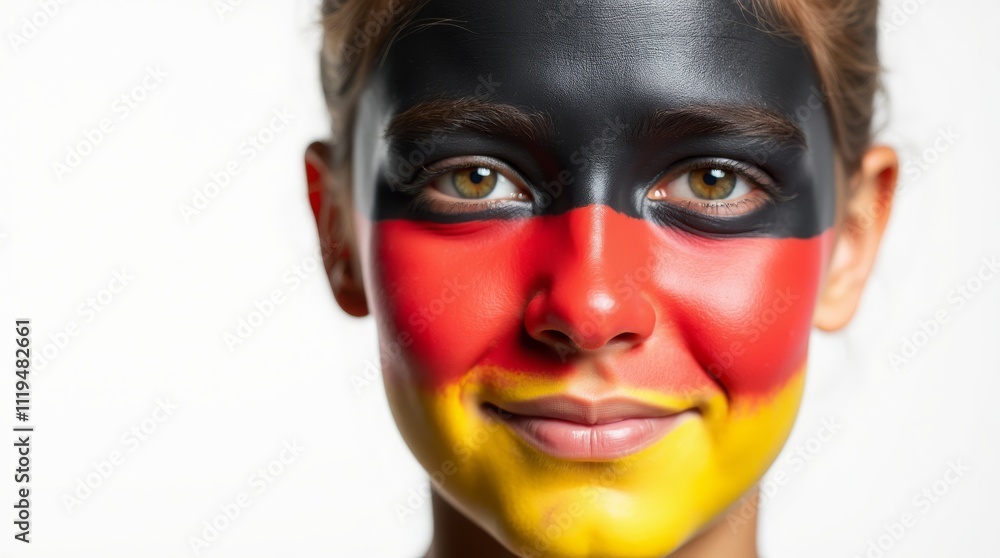 Girl with German flag face paint, smiling gently, showing national pride Girl with German flag face paint, smiling gently, showing national pride