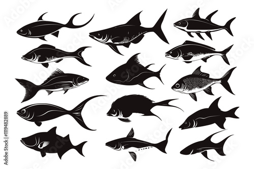 Diverse Fish Silhouette Collection Featuring Various Species with Detailed Shapes