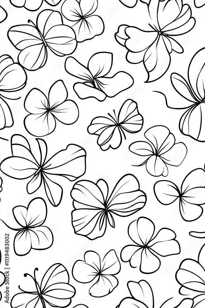 Seamless pattern of line art flowers and butterflies. Seamless pattern of line art flowers and butterflies.