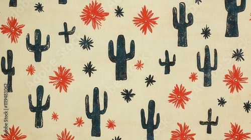Seamless pattern of dark teal cacti and red & black starburst flowers on beige background.
