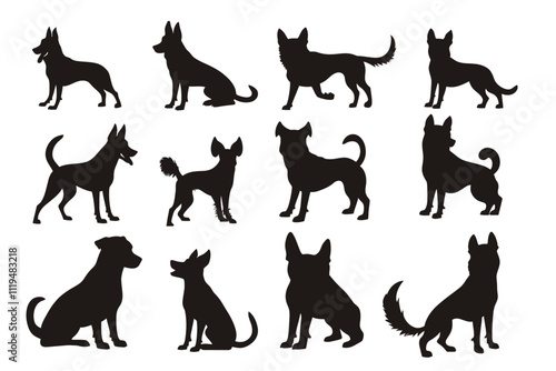 Dog Silhouette Collection Featuring Various Breeds in Sitting and Standing Poses