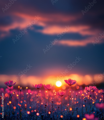 Enchanted Sunset – A Field of Flowers Illuminated at Blue Hour