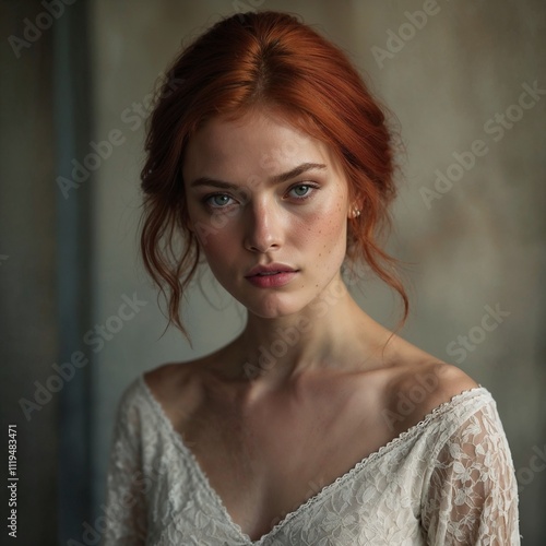 Close-up portrait of a woman with red hair wearing a lace dress indoors