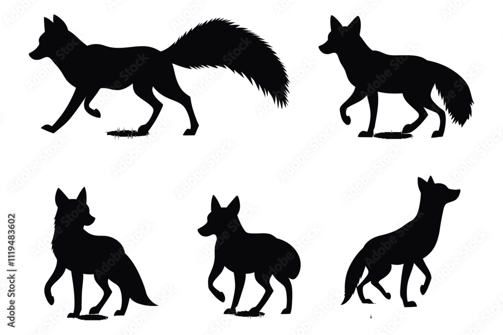 Versatile Fox Silhouette Set Showcasing Standing, Sitting, and Alert Poses Versatile Fox Silhouette Set Showcasing Standing, Sitting, and Alert Poses