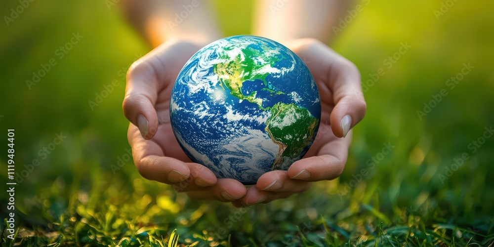 Hands Cradling a Small Earth Globe Above Lush Green Grass, Symbolizing Environmental Care, Global Unity, and the Importance of Ecological Awareness for a Sustainable Future Hands Cradling a Small Earth Globe Above Lush Green Grass, Symbolizing Environmental Care, Global Unity, and the Importance of Ecological Awareness for a Sustainable Future