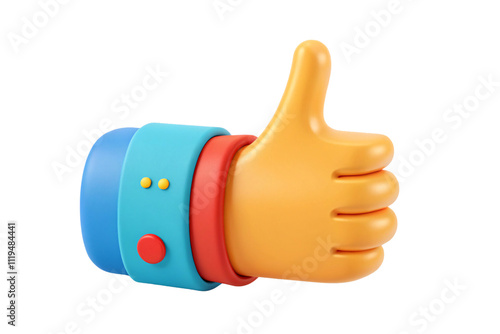 A thumbs-up hand in a multicolored sleeve featuring red, blue, and yellow tones. The cartoonish style emphasizes joy and positivity, isolated on a transparent background photo