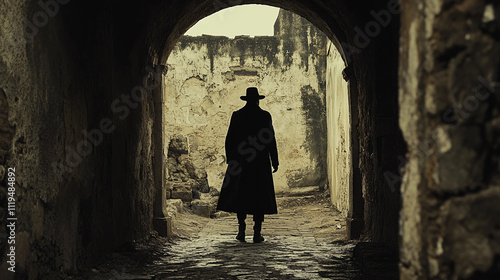 ancient cave monastery, person in a cemetery