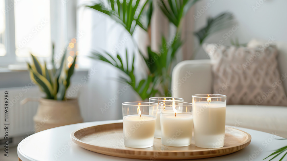 Air reed freshener and candles on table in living room. Tray with beautiful aroma candles on table Air reed freshener and candles on table in living room. Tray with beautiful aroma candles on table