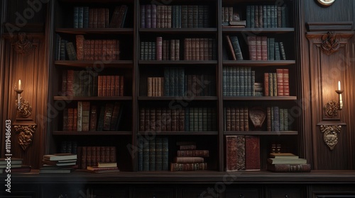 An elegant library interior featuring vintage books arranged on polished wooden shelves. The scene exudes sophistication and a love for classic literature. AI generated.