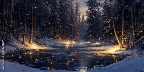 Fototapeta Naklejka Na Ścianę i Meble -  Frozen lake in a snowy forest illuminated by golden lights, peaceful winter night, serene landscape, magical atmosphere, tranquil seasonal charm, snowy nature setting.