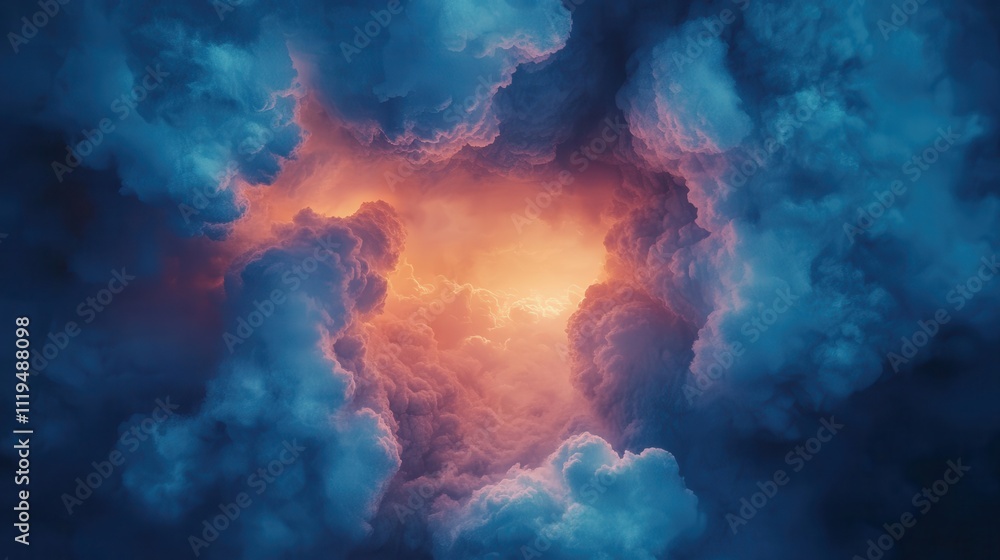 Majestic Clouds Illuminated by Warm Light in a Mystical Sky, Surreal Atmosphere with Deep Blues and Vibrant Oranges Creating a Dreamlike Scene Majestic Clouds Illuminated by Warm Light in a Mystical Sky, Surreal Atmosphere with Deep Blues and Vibrant Oranges Creating a Dreamlike Scene