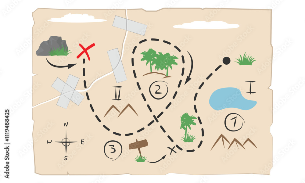 Treasure map sealed with sticky tape. Vector illustration of an old treasure map with x marking the spot