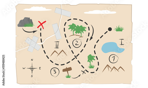 Treasure map sealed with sticky tape. Vector illustration of an old treasure map with x marking the spot