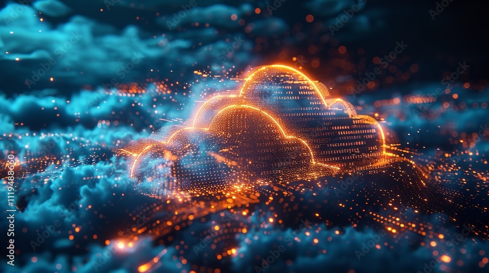Digital informational technology web futuristic hologram with cloud icon, blue golden light digits and code background Digital informational technology web futuristic hologram with cloud icon, blue golden light digits and code background