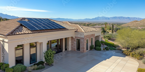 Modern desert home with solar panels and mountain views photo