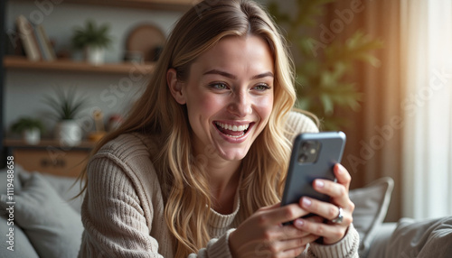 Excited person holding phone and smiling at screen in cozy living room