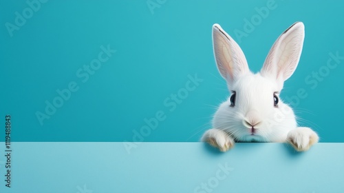 White rabbit peeking over a blue panel on a turquoise background. Perfect for Easter or playful themes photo