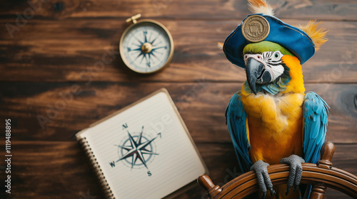 Captain Parrot at the Helm: A vibrant macaw, adorned in a pirate's hat and holding a compass, sits majestically at the helm of a ship.  A whimsical and adventurous scene, perfect for travel. photo