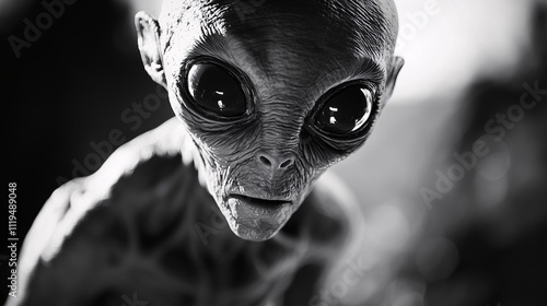 A close-up of an alien being with large eyes in grayscale. Perfect for science fiction or mysterious themes photo