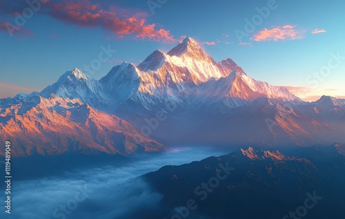 Majestic Snow-Capped Mountains Under a Vibrant Sunset Sky with Dramatic Clouds and Reflections in the Valley Below Creating a Breathtaking Landscape Scene