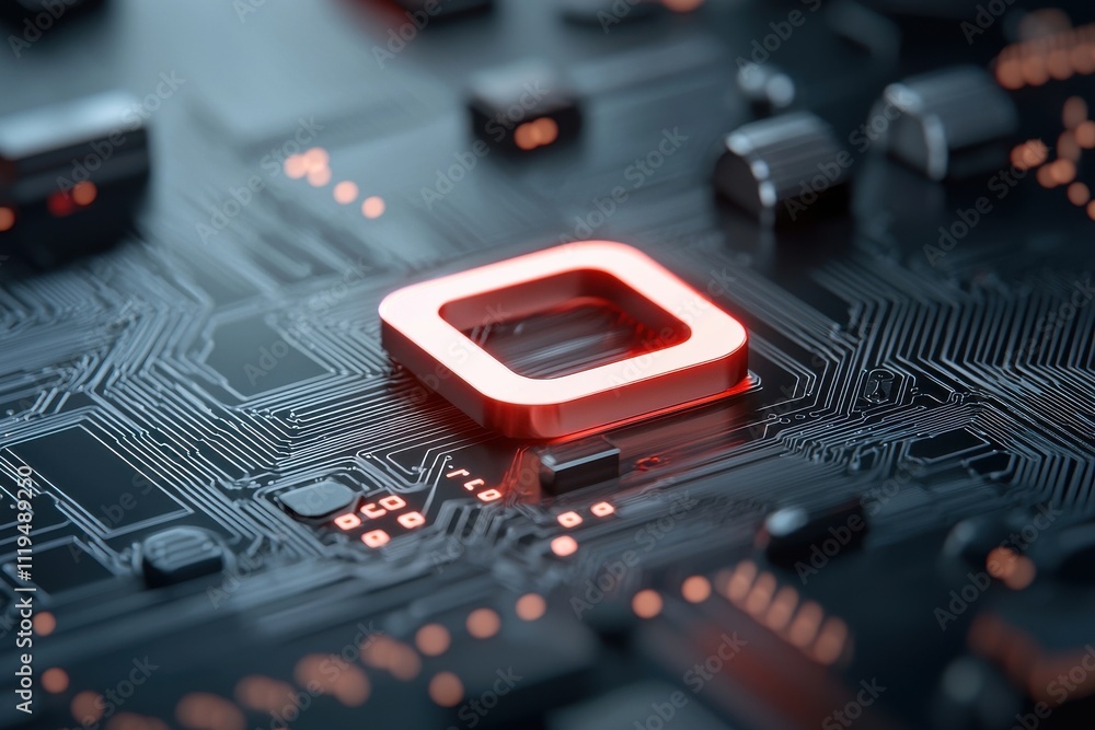 Abstract Circuit Board Technology with Illuminated Red Square Element Abstract Circuit Board Technology with Illuminated Red Square Element
