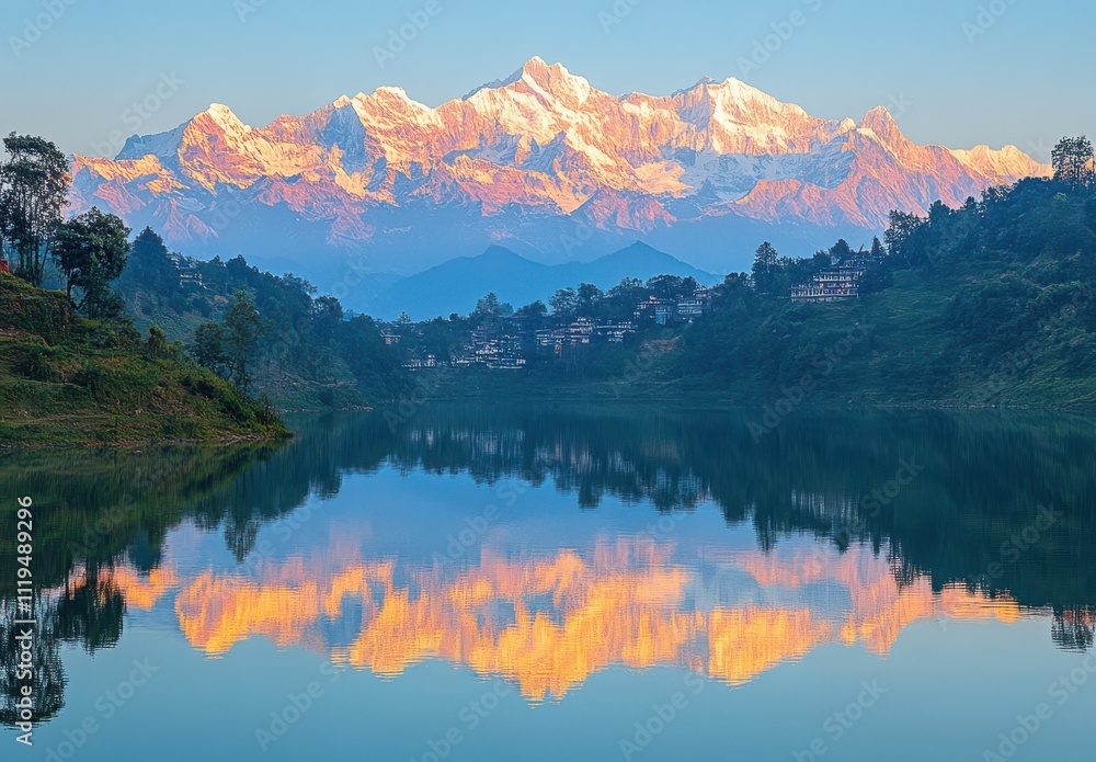 Majestic Sunrise Over Serene Lake Reflecting Snow-Capped Mountains and Lush Greenery in Peaceful Himalayan Landscape Majestic Sunrise Over Serene Lake Reflecting Snow-Capped Mountains and Lush Greenery in Peaceful Himalayan Landscape