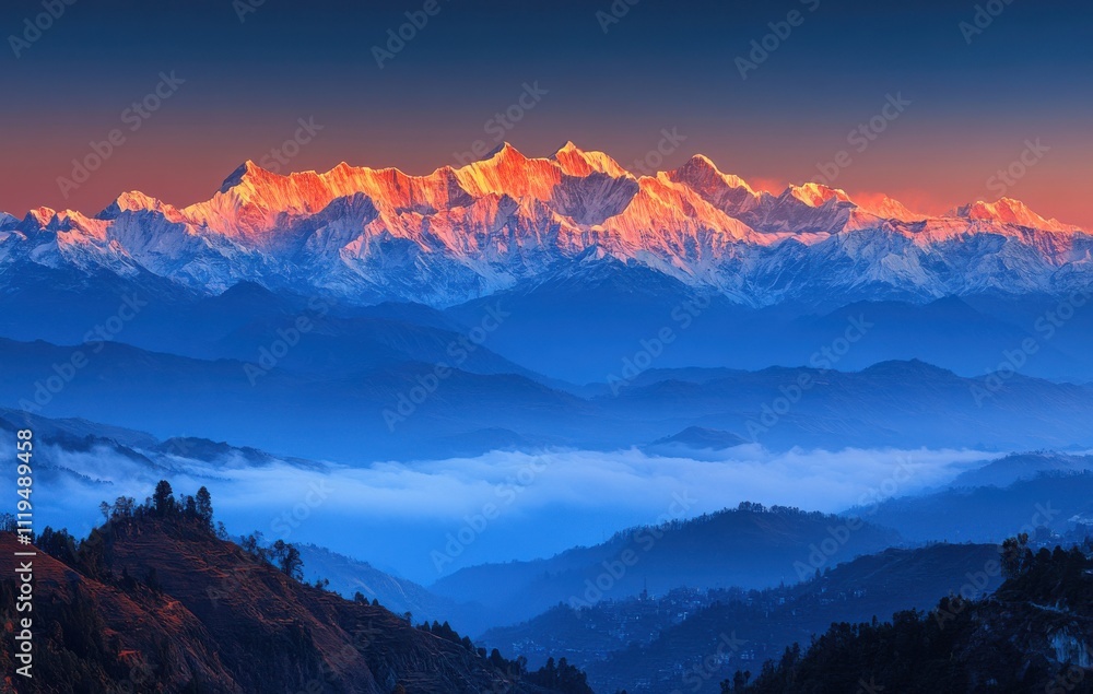 Obraz premium Majestic Sunrise Over Snow-Capped Peaks, Illuminating the Skyline with Warm Hues, Surrounding Mountains in Misty Valleys and Serene Landscapes
