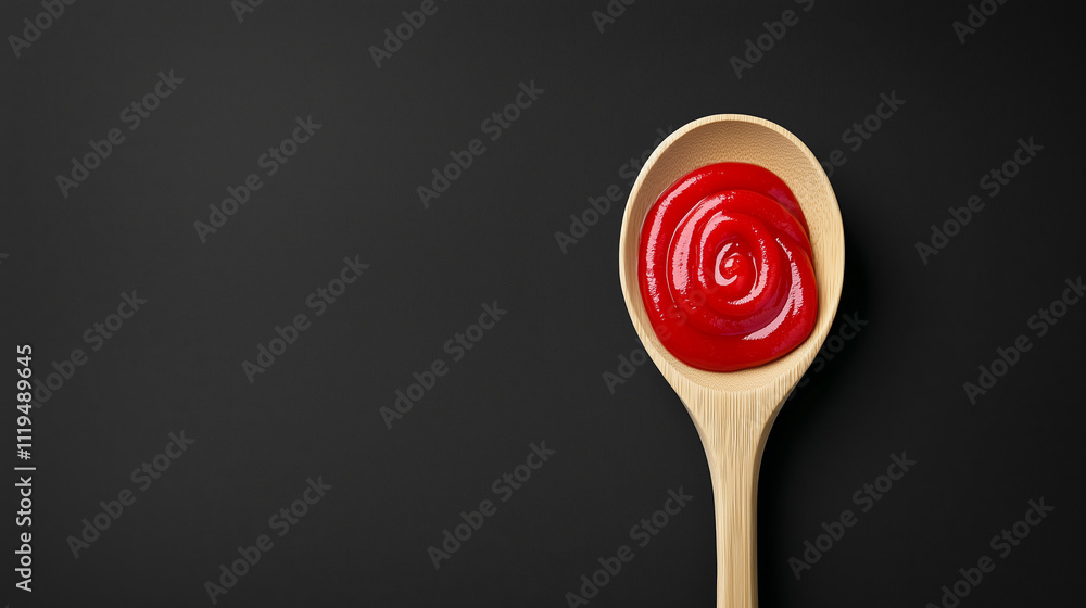 Wooden spoon with swirl of bright red tomato ketchup on black background Wooden spoon with swirl of bright red tomato ketchup on black background