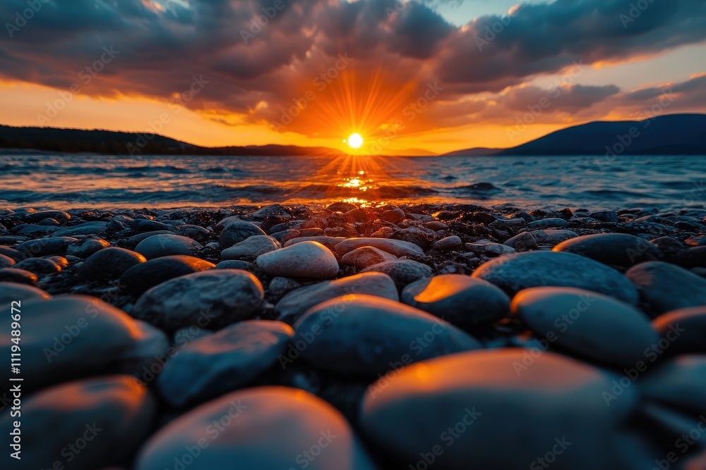 A breathtaking sunset casts warm hues over smooth pebbles along the beach, creating a soothing atmosphere and enhancing the beauty of nature's transition from day to night. A breathtaking sunset casts warm hues over smooth pebbles along the beach, creating a soothing atmosphere and enhancing the beauty of nature's transition from day to night.