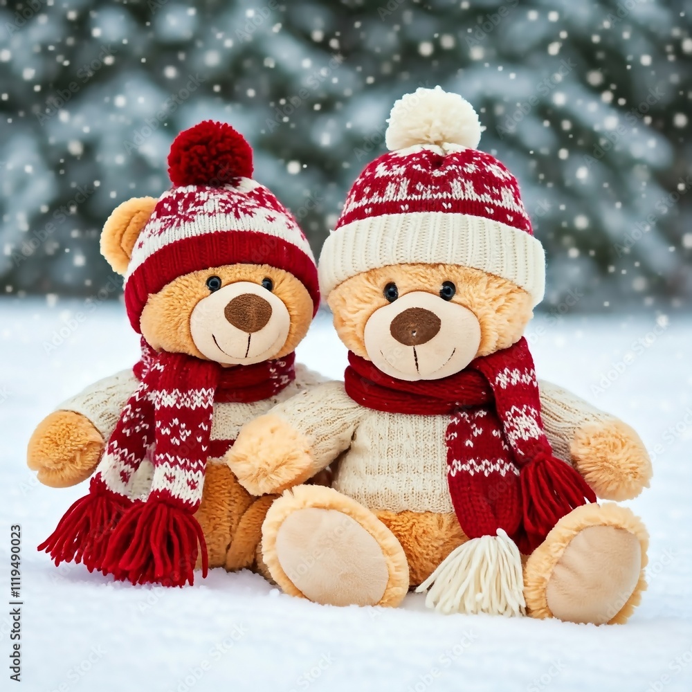 Two teddy bears in cozy knitted scarves and hats enjoy a snowy winter day together. Christmas mood and New Year celebration Two teddy bears in cozy knitted scarves and hats enjoy a snowy winter day together. Christmas mood and New Year celebration